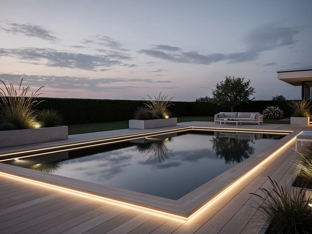 Coque de piscine à fond noir façon miroir dans un jardin contemporain