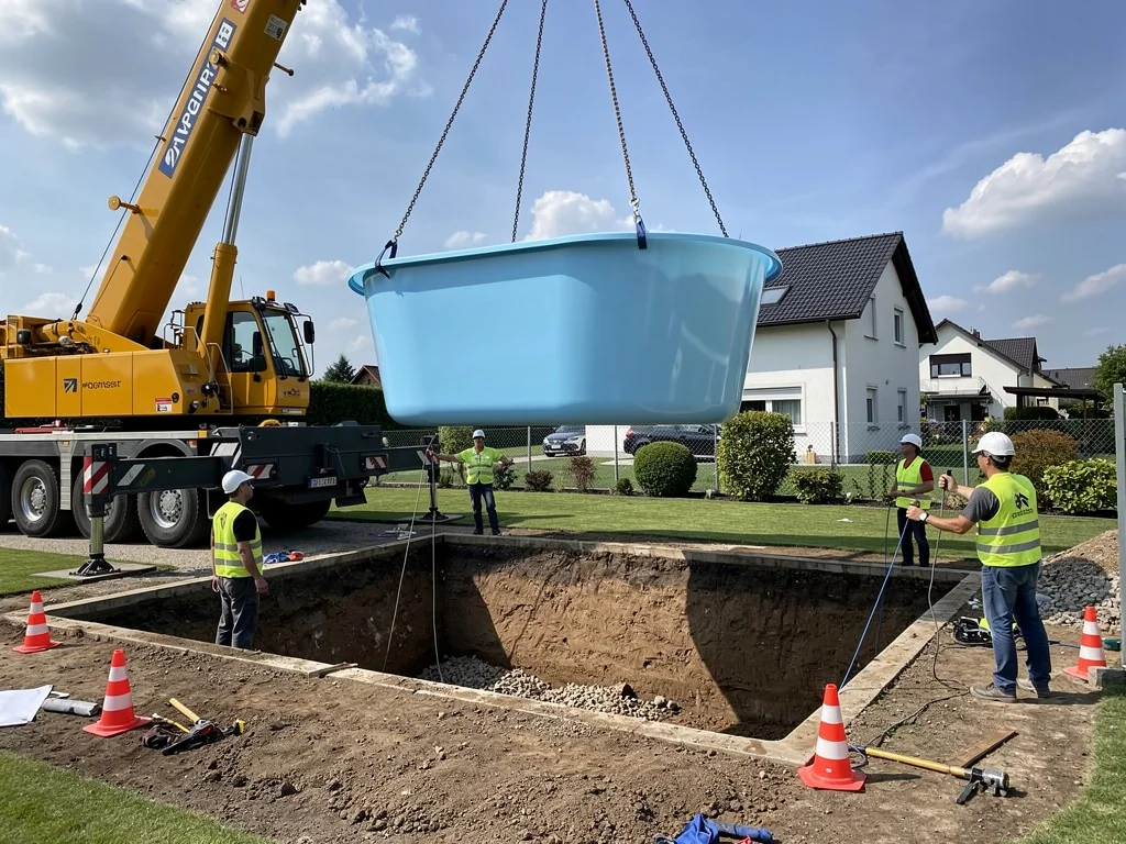 Pose à la grue d'une piscine coque monobloc sur un terrain