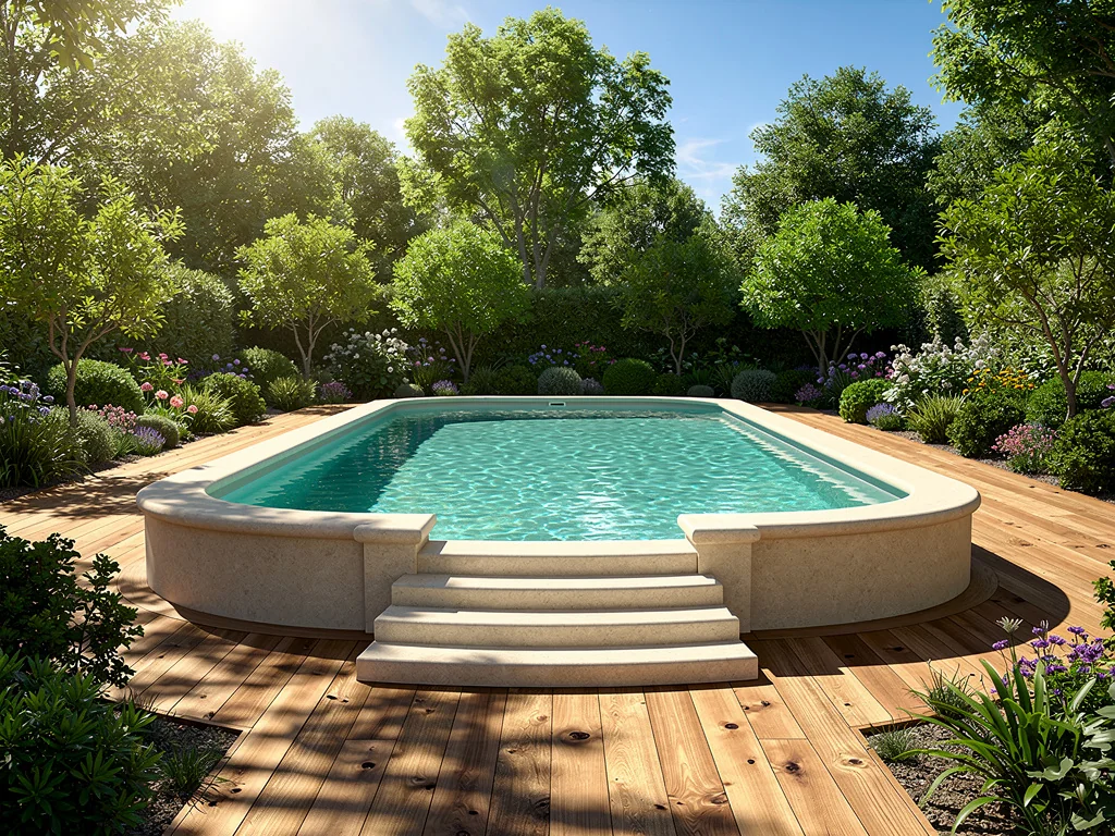Piscine coque avec escalier roman et margelles en pierre reconstituée