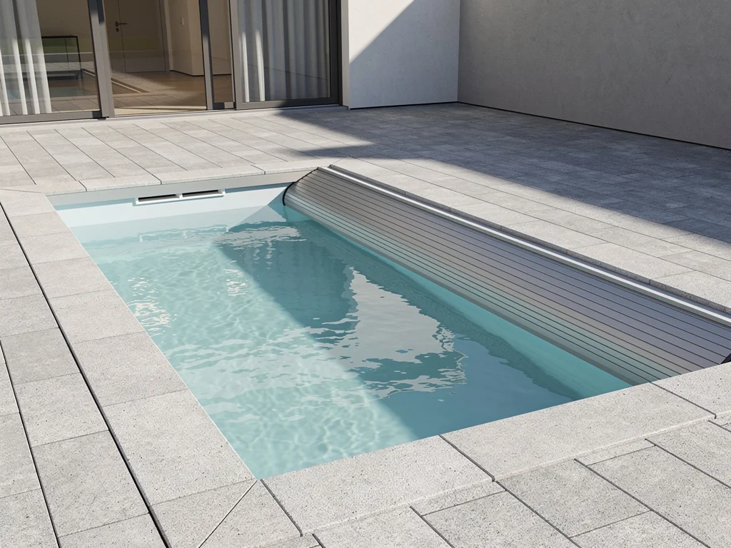 Mini-piscine coque de ville équipée d'un volet roulant immergé